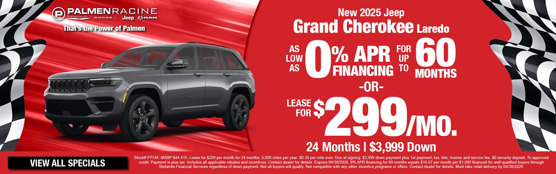 2025 Jeep Grand Cherokee Laredo lease for $299 per month at Palmen Racine dealership